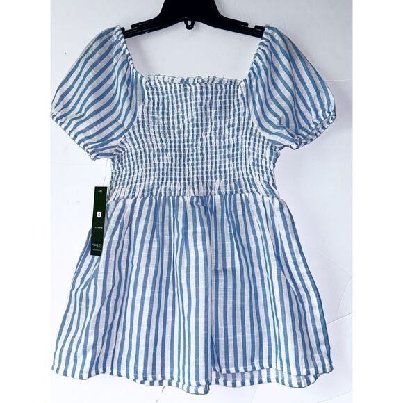 Unique Spectrum Small Blue & White Striped Shirred Square Neck Puff Sleeve Top - Picture 1 of 4